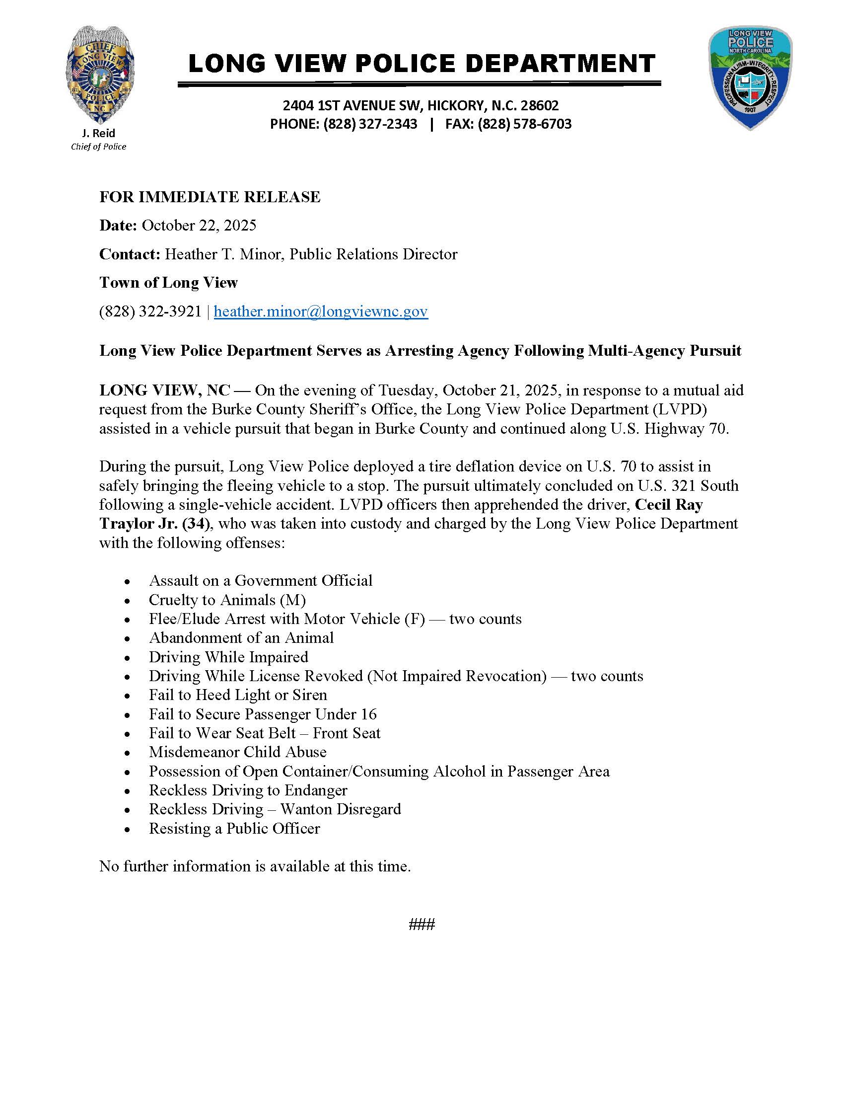 News Release LVPD Serves as Arresting Agency Following Multi.Agency Pursuit